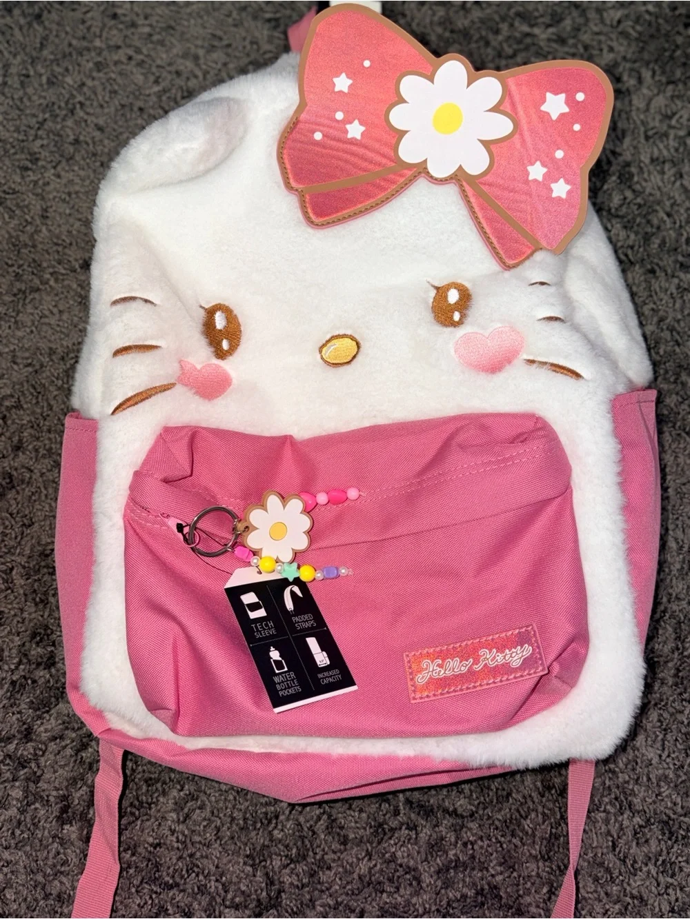 Hello Kitty White Plush Backpack with Pink Accents and Decorative Bow
